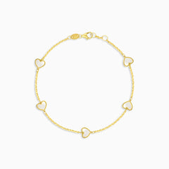 Pulsera de cadena para mujer en oro amarillo con corazones de nácar