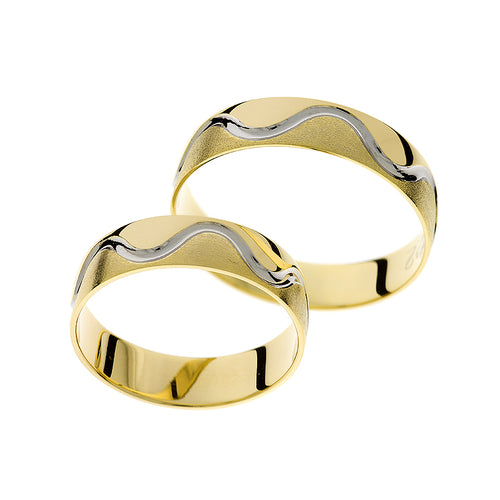 Anillo de boda de oro amarillo con ola de rodio blanco