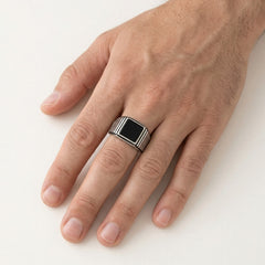 Princess cut onyx men ring with detailed line design