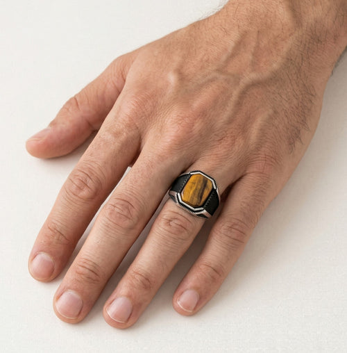 Tiger eye rectangular cut men ring