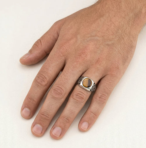 Round cut tigers eye men ring in sterling silver