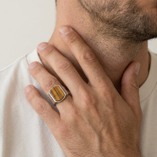 Radiant cut tigers eye men ring with greek pattern