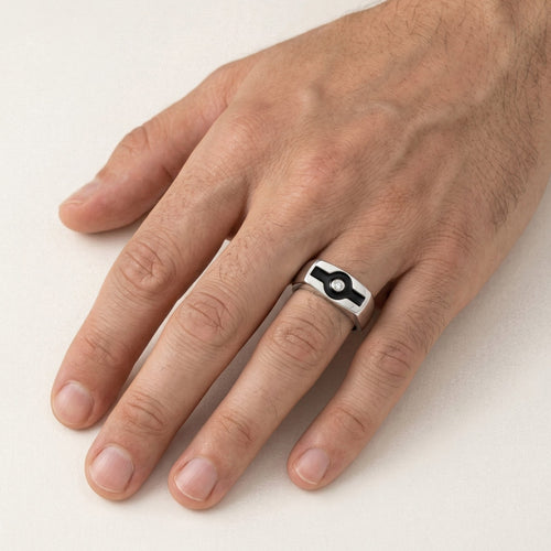 Pánský prsten ze stříbra se smaltem a kubickými zirkony, tmavý