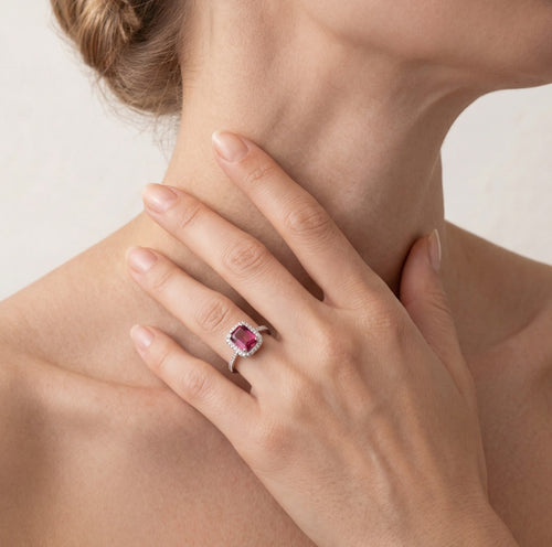 Silver halo ring with square synthetic ruby
