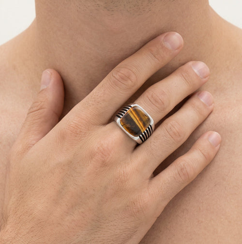 Cushion cut tigers eye men ring with side lines