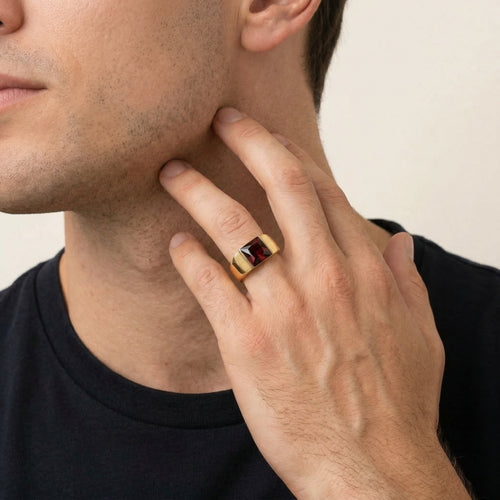 Elegant men garnet gold ring