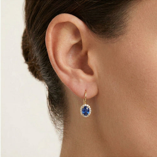 Oval blue quartz gold earrings