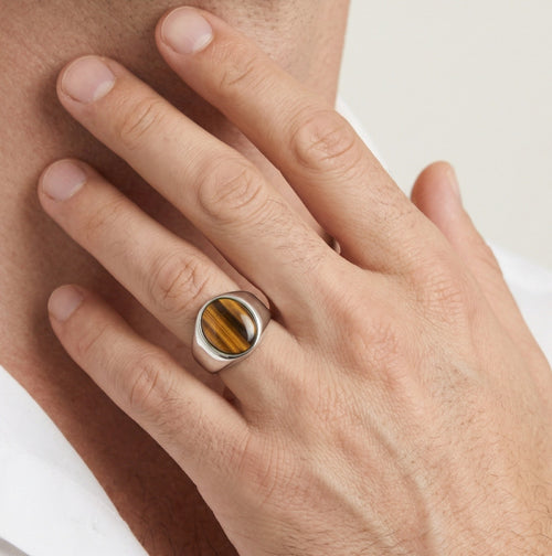 Oval cut tigers eye men ring in sterling silver
