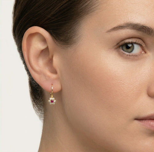 Red flower cubic zirconia gold earrings