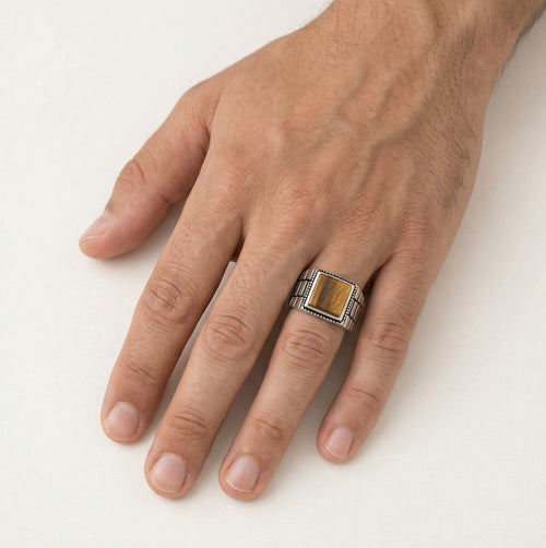 Square cut tigers eye men ring in sterling silver