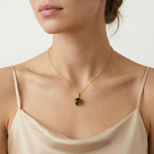 Celestial Radiance in Yellow Gold with Moldavite and Cubic Zirconia Brilliance