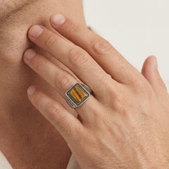 Square cut tigers eye men ring with greek pattern