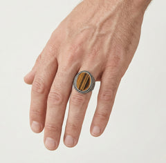 Oval cut tigers eye men ring viking style