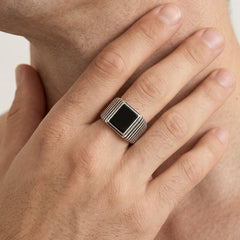 Emerald cut onyx men ring with detailed line design