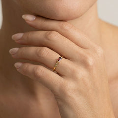 Yellow gold simple ring with radiant cut garnet