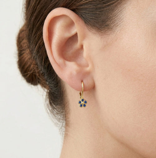 Blue flower yellow gold earrings