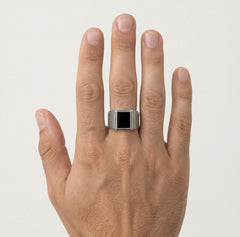 Emerald cut onyx men ring with detailed line design