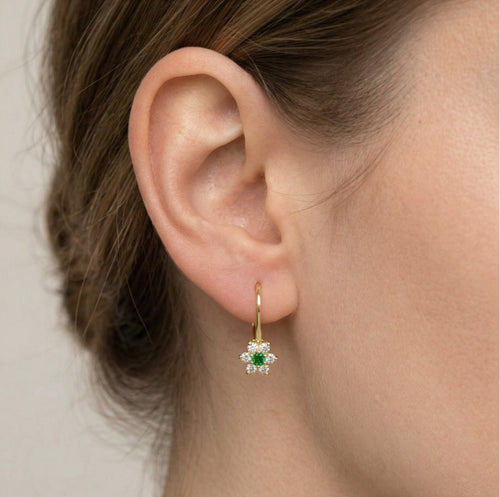 Green flower cubic zirconia gold earrings