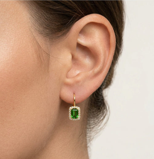 Rectangle green quartz gold earrings