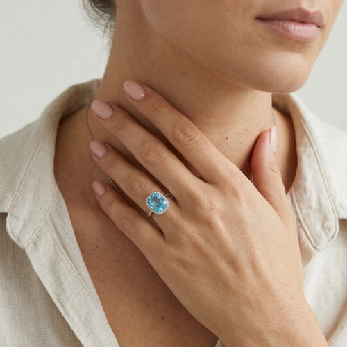 Bright white gold ring with topaz and diamonds