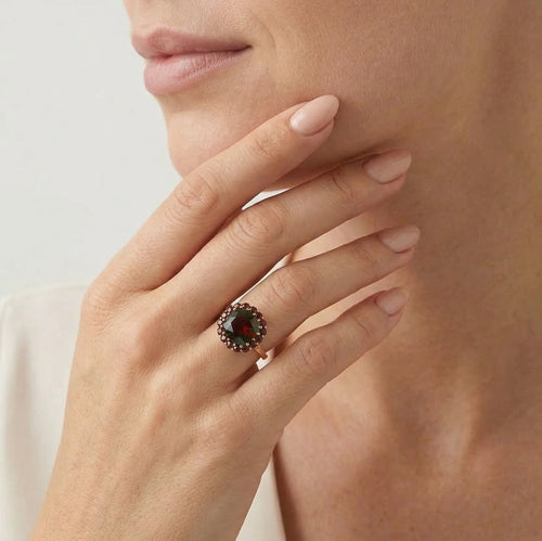 Cushion and round garnet harmony ring