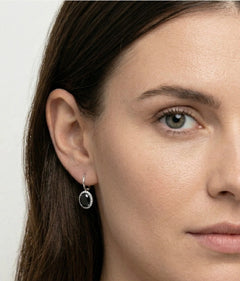 Halo oval onyx white gold earrings