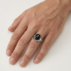 Engraved line oval onyx men ring