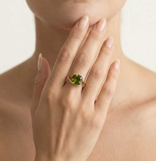 Special cushion-cut moldavite solitaire ring