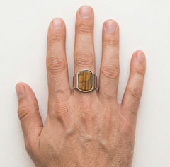 Radiant cut tigers eye men ring with greek pattern