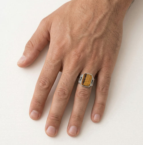 Tiger eye emerald cut men ring