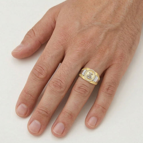 Two-tone gold ring with anchor and cubic zirconia