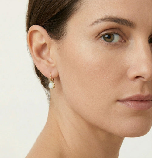 Pendientes de ópalo blanco en corte pera y oro