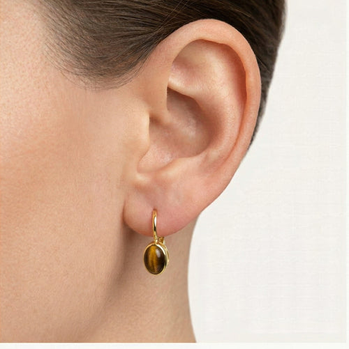 Oval tiger's eye gold earrings