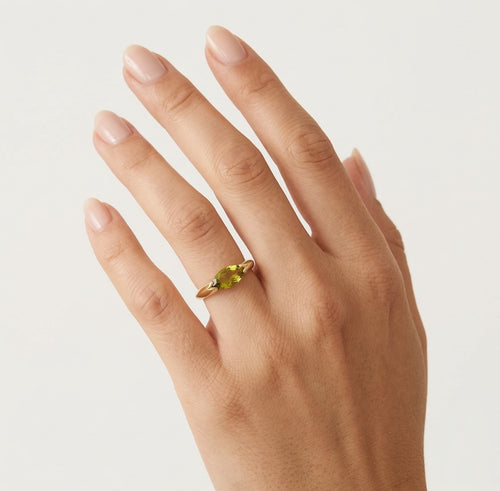 Elegant marquise cut moldavite ring