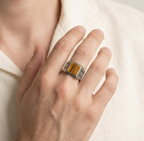 Square cut tigers eye men ring in sterling silver