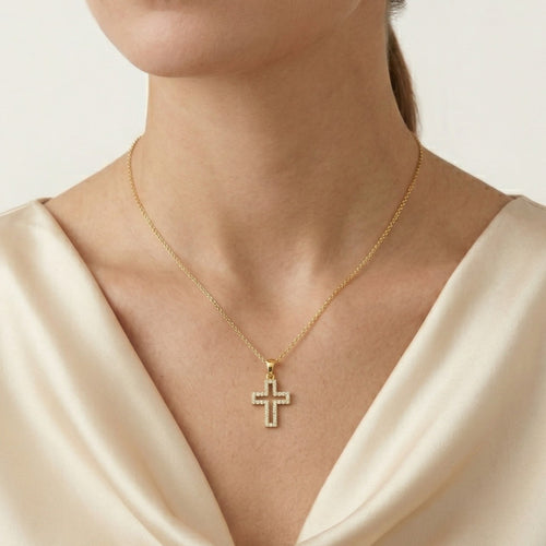 Cubic zirconia line gold cross