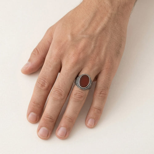Silver agate oval men ring