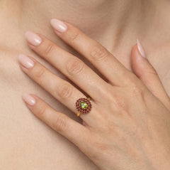 Gemstone duo oval moldavite and round garnet ring