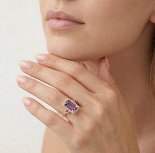 Emerald cut amethyst rose gold diamond ring
