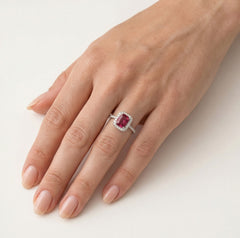 Silver halo ring with square synthetic ruby