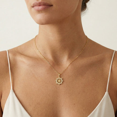 Gold ship wheel halo pendant