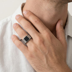 Princess cut onyx men ring with detailed line design