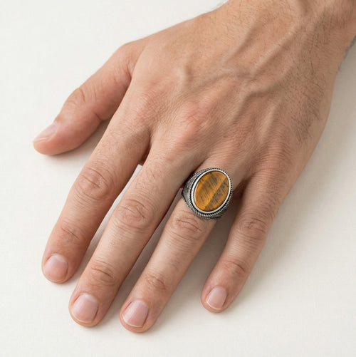 Oval cut tigers eye men ring viking style