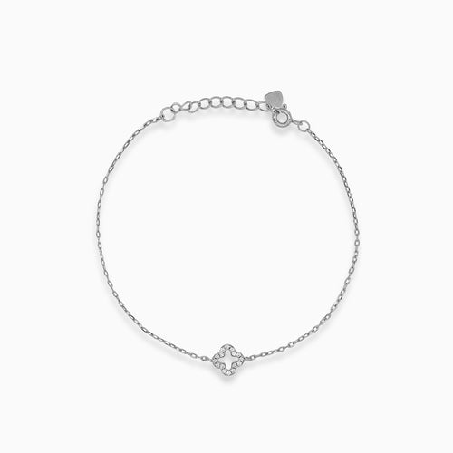 Silver bracelet with small clover leaf and cubic zirconia