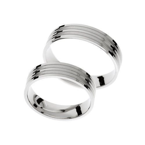 Bague de mariage en or blanc avec finition mate, brillante et polie.