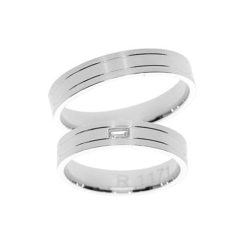 Bague de mariage en or blanc avec pierre taille baguette