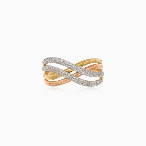 Twisted three tone gold diamond ring