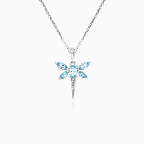 Pendentif libellule en or blanc avec diamant et topaze bleue