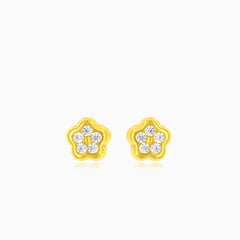 Boucles d'oreilles pour bébé en or jaune avec fleurs en zirconium cubique et fermeture à vis