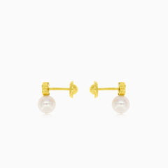 Gold flower with cubic zirconia and pearl baby drop earrings